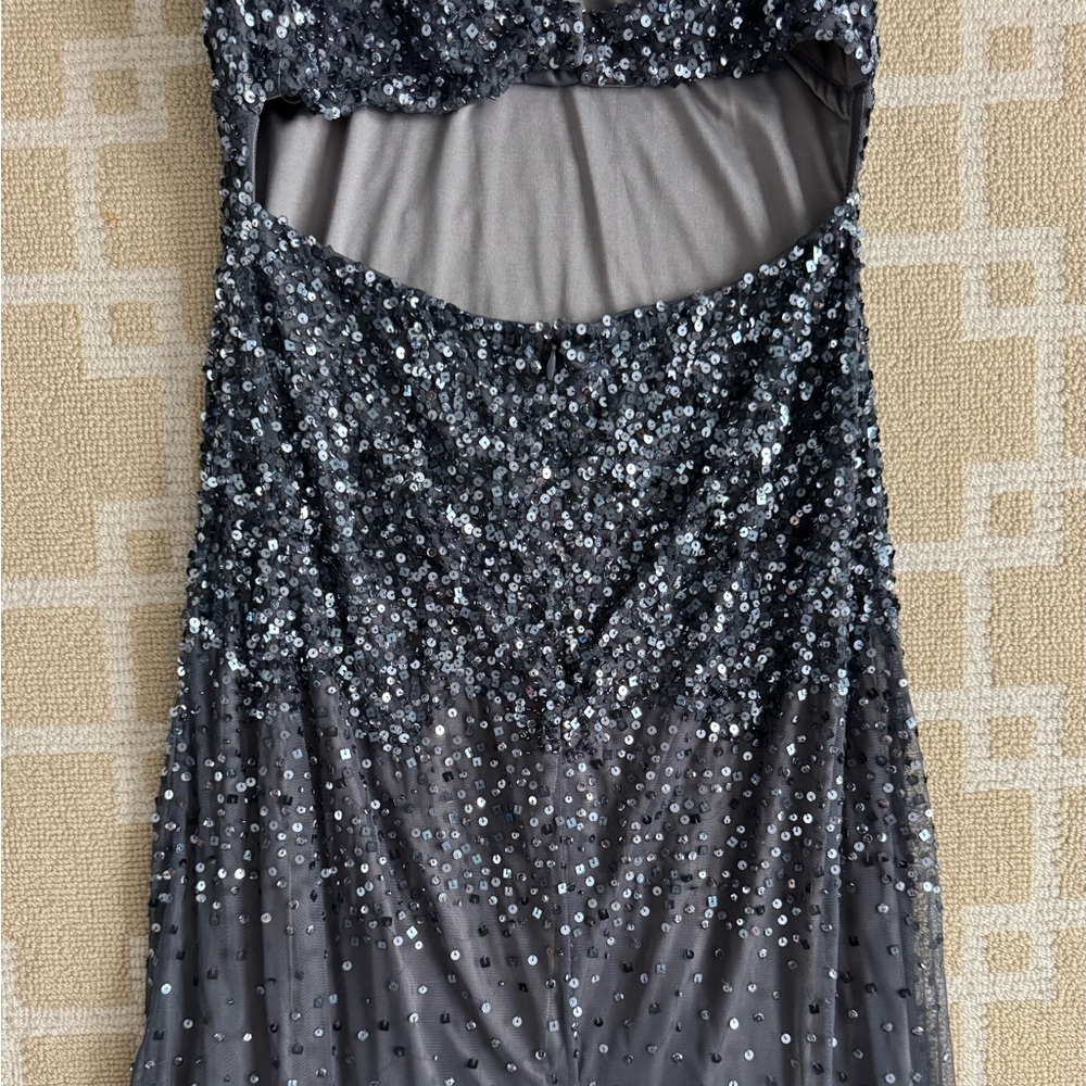 Nightway Sequined Halter Formal Gown Charcoal Gray Mesh Maxi Prom Dress 8 - Picture 9 of 14